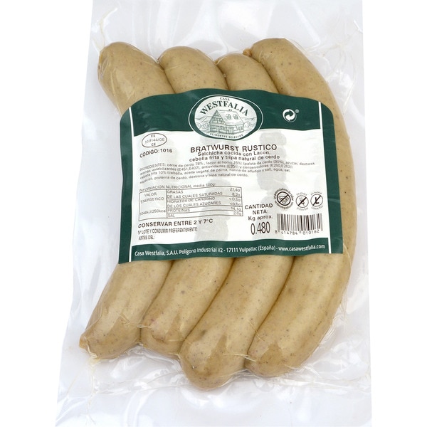 gekochte Bratwurst vom Schwein mit Eisbein und Zwiebel glutenfrei, laktosefrei 4 Einheiten Packung zu 480 g