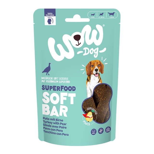 Wow – Snack para perros Wow Superfood tiras pavo con pera 150 g.