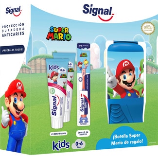 SIGNAL 2er-Pack Kinderzahnpasta Super Mario 0-6 Jahre Erdbeergeschmack + Zahnbürste mit einer Super Mario-Flasche als Geschenk