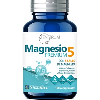YNSADIET Zentrum magnesio Premium con 5 sales de magnesio vegano y sin gluten bote 120 comprimidos de malato, carbonato, bisciglinato, citrato y óxido de magnesio