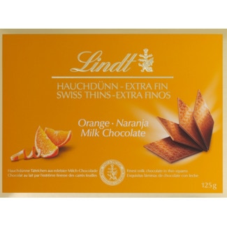Lindt Chocolate de Leite e Laranja Swiss Thins embalagem 125 g