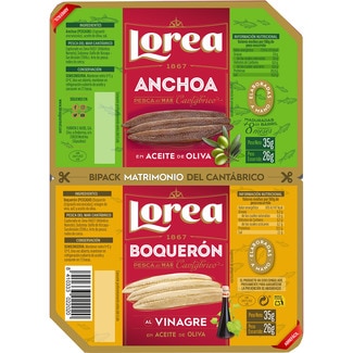LOREA Anchovis aus dem Kantabrischen Meer in Olivenöl Behälter 26 g netto Abtropfgewicht + Sardellen in Essig in Olivenöl Packung 26 g Abtropfgewicht