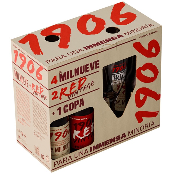 presentation box of lager with 4 milinen 33 cl bottle and 2 vintage red bottle 33 cl + free glass