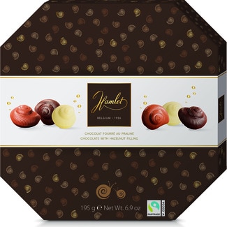 HAMLET pralinés surtidos de chocolate rellenos de avellanas con forma de caracol estuche 195 g