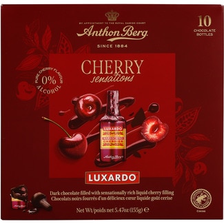ANTHON BERG Flaschen aus dunkler Schokolade mit Kirschflüssigkeitfüllung 0% Alkohol 10 Stück Karton 155 g
