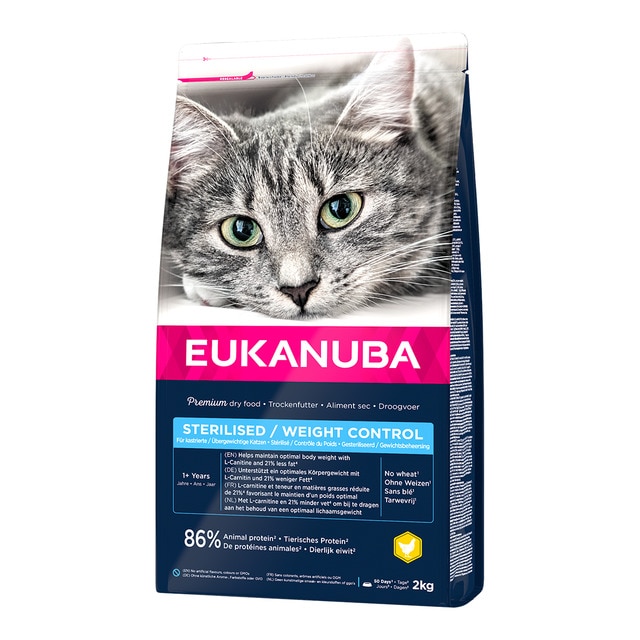 Eukanuba – Pienso para gatos adultos y sénior minis pequeños esterilizados Eukanuba pollo y pavo 2 kg.