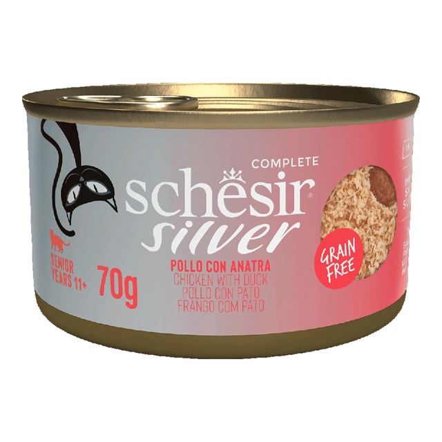 Schesir – Comida húmeda para gatos sénior Schesir pollo y pato 70 g.