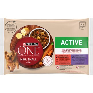 PURINA ONE Mini Active Feuchtfutter für Mini-Hunde mit Ochse Möhren und Kartoffeln 2 Tütchen 100 g mit Ente, Nudeln und grünen Bohnen 2 Beutel 100 g