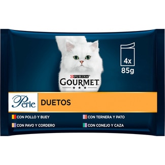 GOURMET Perle Duo comida húmeda para gatos dueto de carnes variadas 4 unidades 85 g