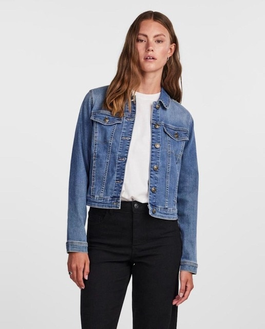 Pieces - Chaqueta de mujer denim con cierre abotonado.