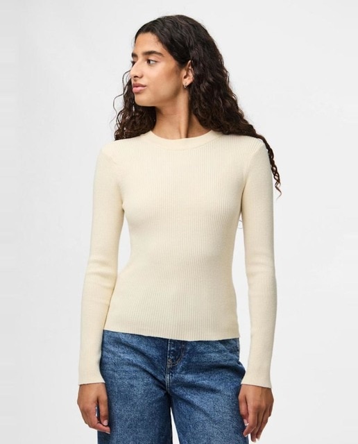 Pieces - Jersey de canalé y estmapado de rayas con manga larga de mujer.