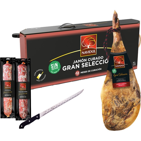 Köfferchen mit luftgetrocknetem Schinken Gran Reserva Stück 7,5 kg + Chorizo und Salchichón vom iberischen Schwein ca. 225 g + Schinkenmesser