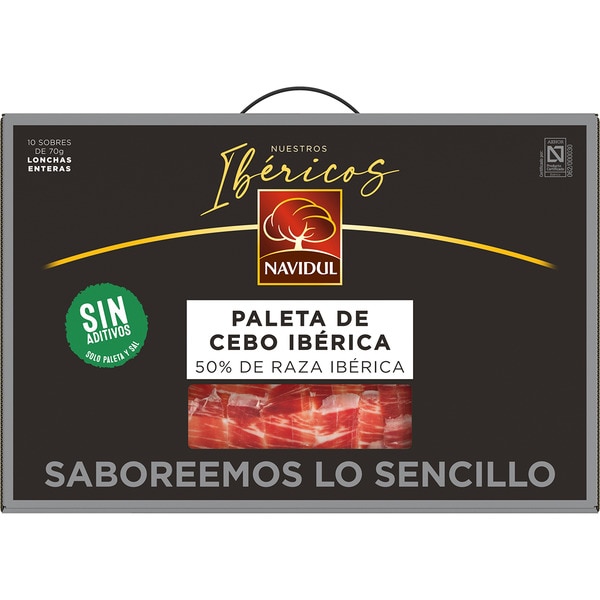 case of grain-fed 50% Iberian ham shoulder sliced in 10 blister packs of 70 g case 700 g