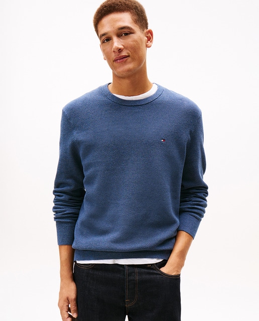 Tommy Hilfiger - Jersey de hombre liso de algodón con cuello redondo.
