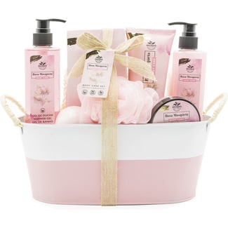 BECASAN NATURE Cesta metálica Rosa Mosqueta con gel ducha, bruma corporal, crema de manos, loción corporal, vela perfumada y esponja