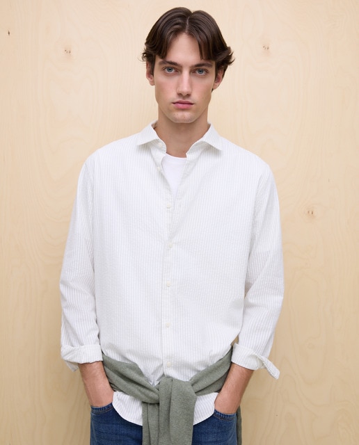Easy Wear - Camisa manga larga para hombre rayas seersucker.