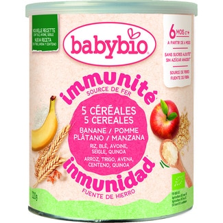 BABYBIO organic cereal and 3-fruit baby food with no added sugar ages 6+ months tin 220 g sin azúcar añadido
