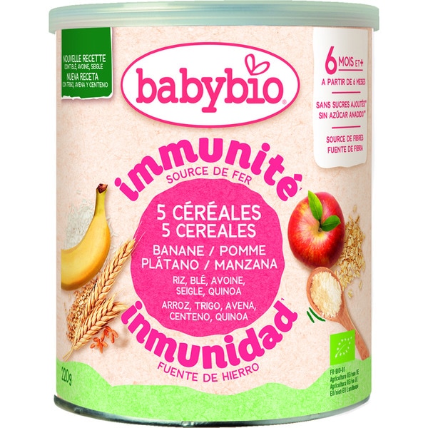 organic cereal and 3-fruit baby food with no added sugar ages 6+ months tin 220 g sin azúcar añadido