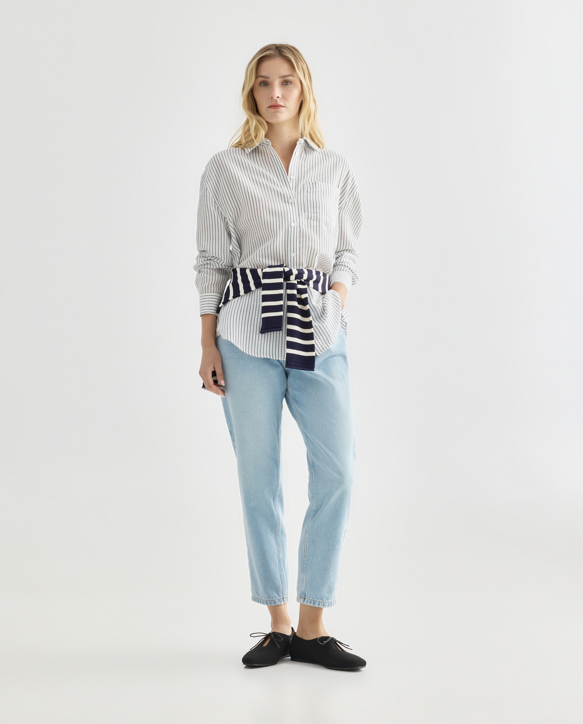 Camisa de mujer de algodón de rayas Azul-3
