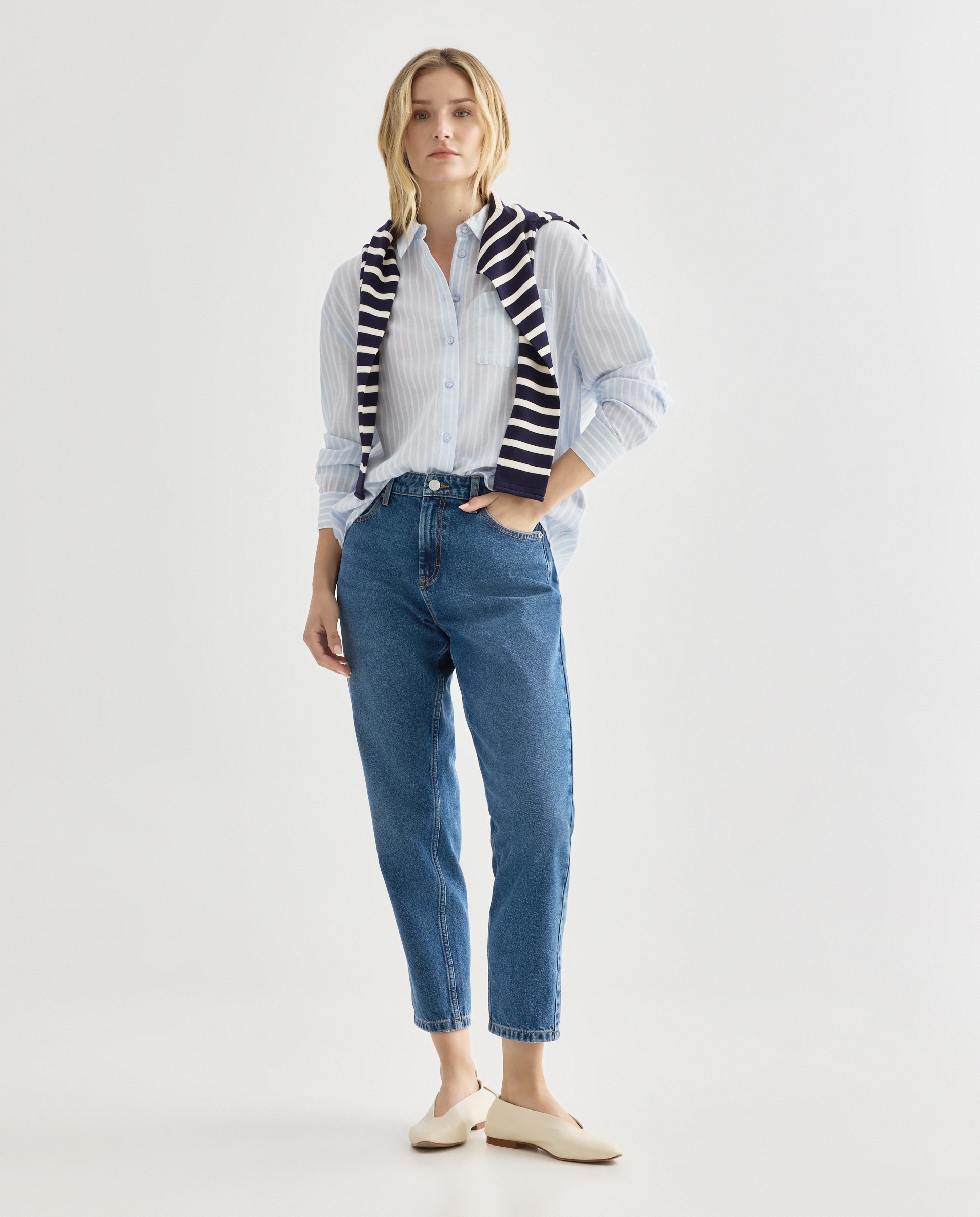 Camisa de mujer de algodón de rayas Azul marino-2