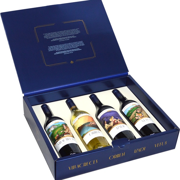 estuche de 4 botellas de vino con 1 tinto Villa Creces Ribera del Duero 1 blanco Orben Rioja 1 tinto Idazi Rioja y 1 tinto Vetus Toro Happy New Twenties - Artevino