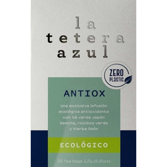LATETERAZUL té Antiox ecológico con té verde Japón Sencha, rooibos verde y hierba limón envase 20 bolsitas