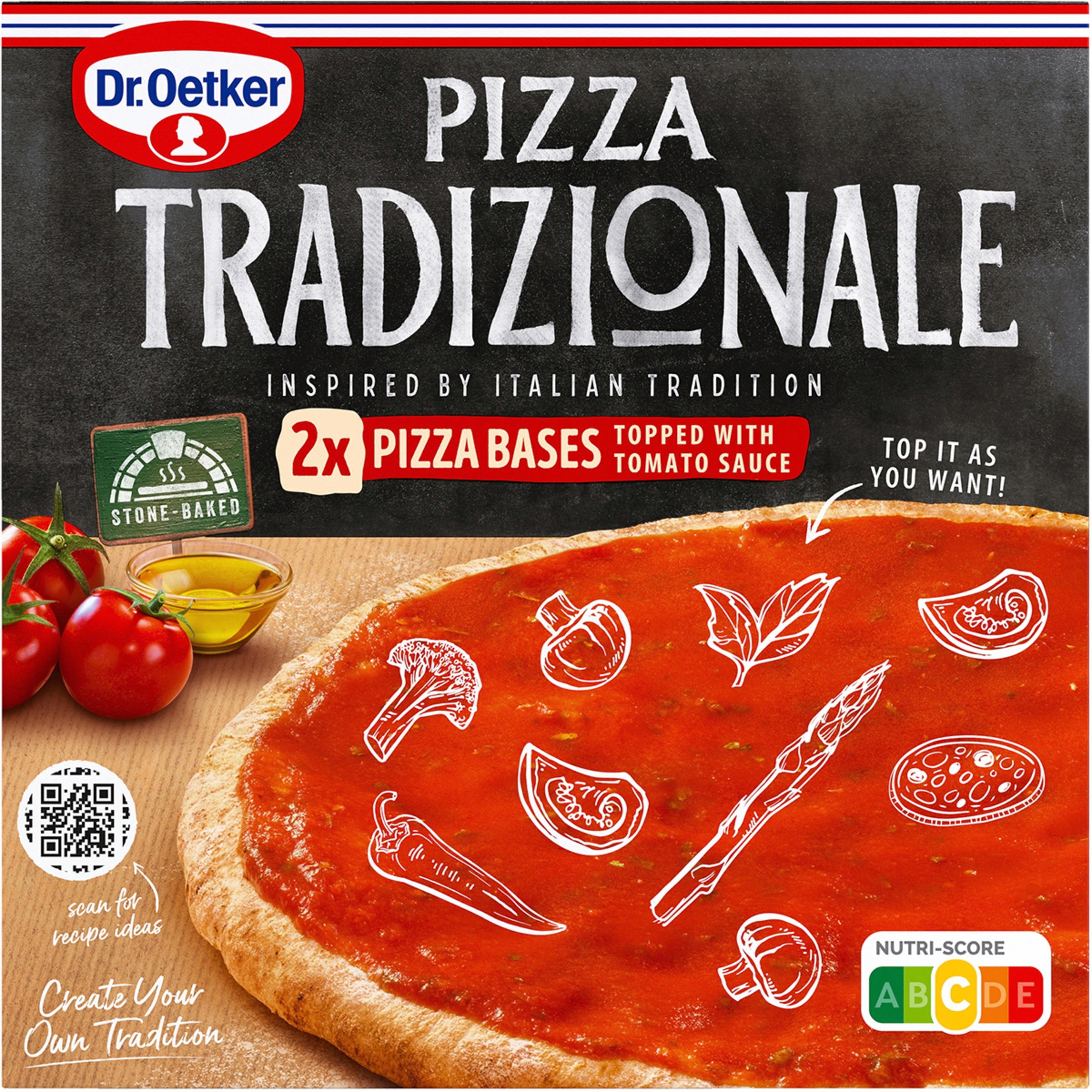 base de pizza recubierta de salsa de tomate, aceite oliva y albahaca 2 unidades