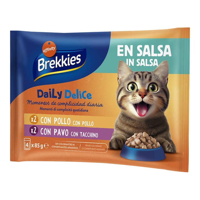 Brekkies – Comida húmeda para gatos adultos Daily Delice Brekkies pollo y pavo en salsa 4 x 85 g. 340 g