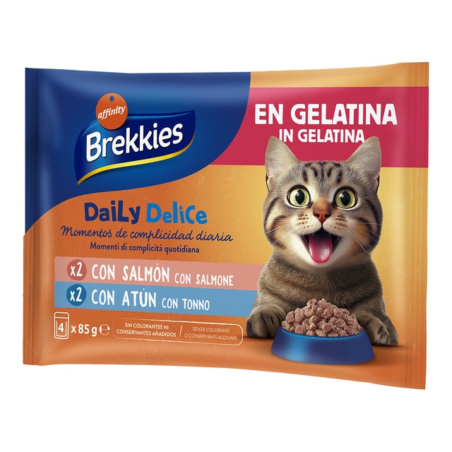 Brekkies – Comida húmeda para gatos adultos Daily Delice Brekkies salmón y atún en gelatina 4 x 85 g. 340 g