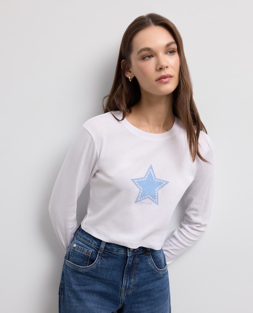 Green Coast - Camiseta manga larga cuello redondo estrella tachas.