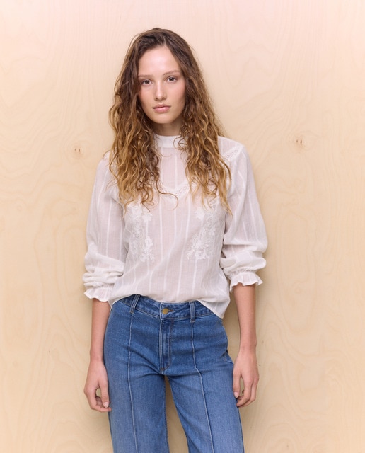 Easy Wear - Camisa romántica de algodón de manga larga lisa de mujer.