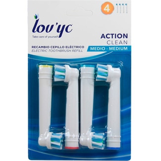 LOV'YC Escova de Dentes Elétrica  Action Clean Médio embalagem 4 unidades