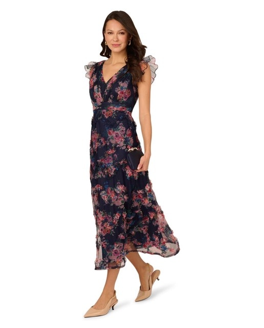 Adrianna Papell - Vestido de tul estampado hasta el tobillo.