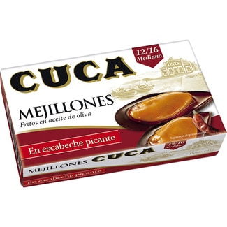 Mejillones en escabeche picantes 12-16 piezas lata 69 g neto escurrido - Cuca