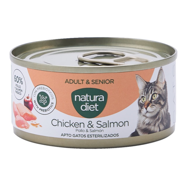 Natura Diet – Comida húmeda para gatos adultos y sénior esterilizados Natura Diet paté pollo y salmón 85 g.