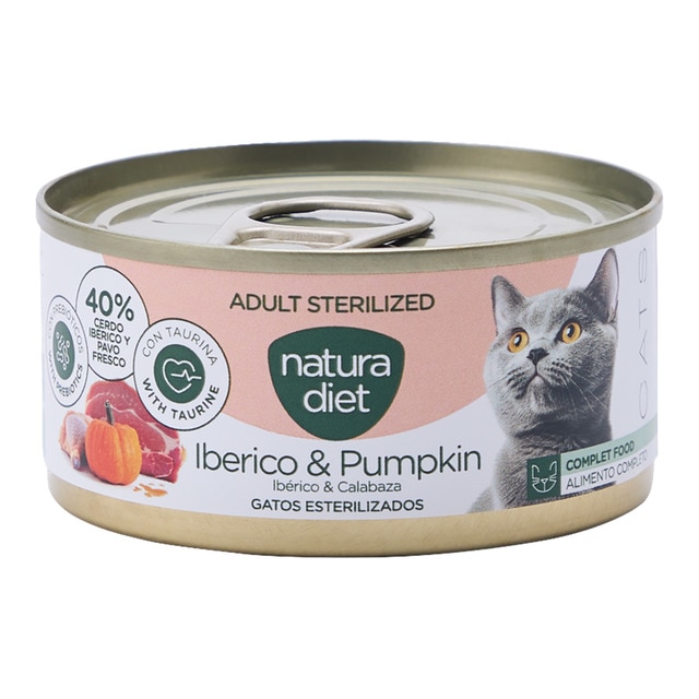 Natura Diet – Comida húmeda para gatos adultos esterilizados Natura Diet paté cerdo ibérico y calabaza 85 g.