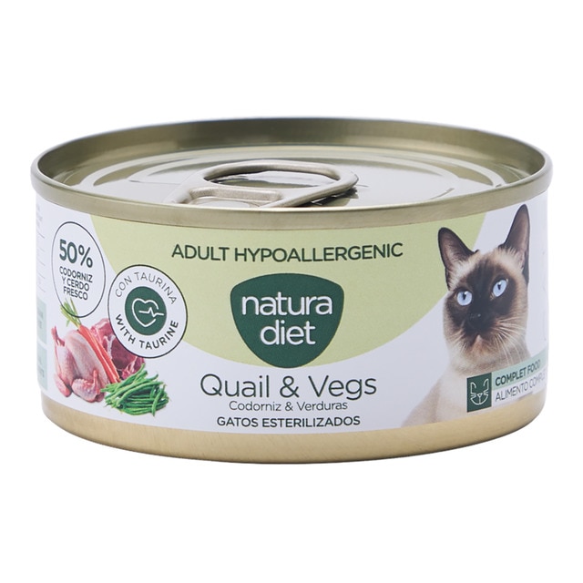 Natura Diet – Comida húmeda para gatos adultos esterilizados hipoalergénico Natura Diet paté codorniz y verduras 85 g.