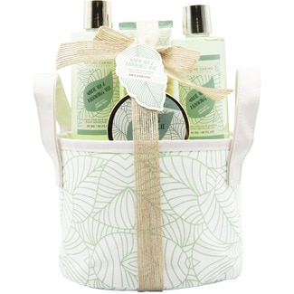 BECASAN NATURE Cesta de tela White Tea & Blooming Tree con gel ducha + gel baño + loción corporal + exfoliante corporal + cepillo uñas