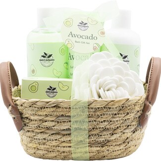 BECASAN NATURE Cesta de mimbre Avocado con gel de ducha 300 ml + loción corporal 300 ml + sales de baño 100 g + exfoliante corporal 100 ml