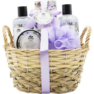 BECASAN NATURE Cesta de mimbre Botanicals Aroma Lavanda con sales de baño + gel de ducha + baño de burbujas + loción corporal + esponja