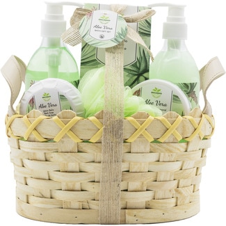 BECASAN NATURE Cesta de mimbre Aloe Vera con gel de ducha + exfoliante corporal + sales de baño + jabón de baño + baño de burbujas