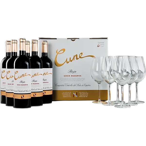 Rotwein Gran Reserva DOCa Rioja 6er-Kiste Flaschen 75 cl als Geschenk 6 Stilgläser