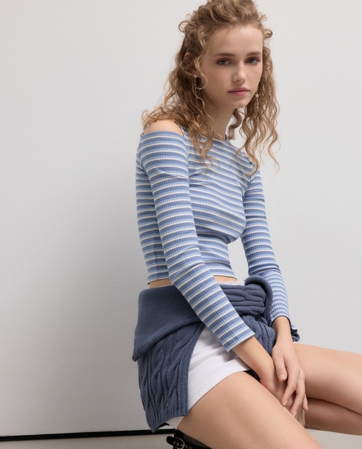 Green Coast - Camiseta manga larga cuello redondo y cut out en rayas rib lurex.