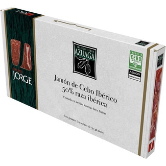 jamón de cebo ibérico 50% raza ibérica cortado en medias lonchas finitas 12 Tütchen 50 g estuche de 600 g