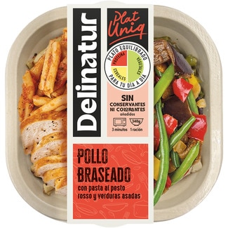DELINATUR pollo braseado con pasta al pesto rosso y verduras asadas 1 ración envase 320 g listo en 3 minutos