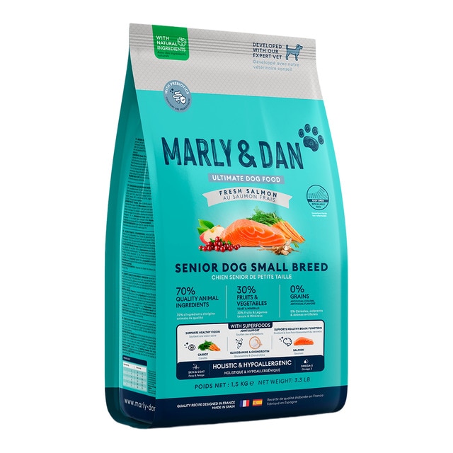Marly & Dan – Pienso para perros sénior pequeños Marly and Dan salmón 1,5kg.