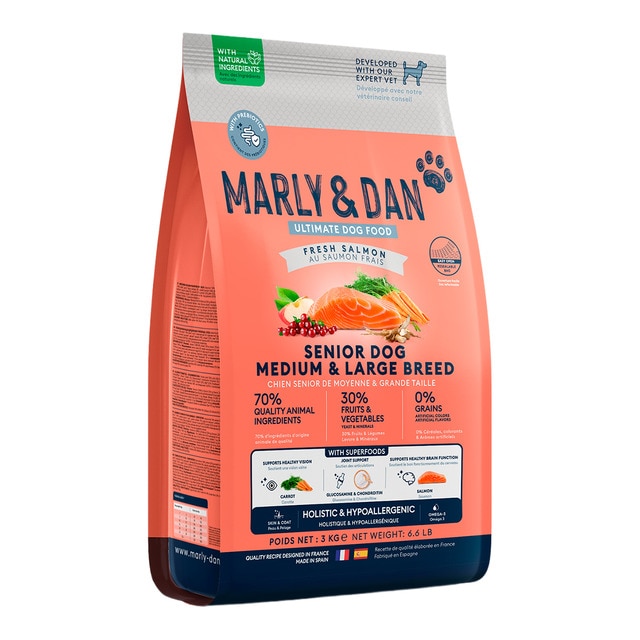 Marly & Dan – Pienso para perros sénior medianos grandes Marly and Dan salmón 3 kg.