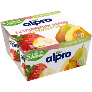 ALPRO especialidad vegetal de soja fresa- plátano y melocotón- pera pack 4 unidades 125 g sin gluten sin lactosa