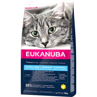 EUKANUBA pienso para gatos adultos y sénior esterilizados Weight control pollo y pavo envase 2 kg
