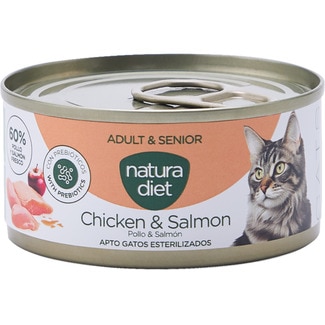 NATURA DIET Comida húmeda para gatos adultos y sénior esterilizados paté pollo y salmón lata 85 g